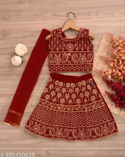 Velvet and net embroidered lehenga and choli for kids (6-18 months), Indian traditional wear