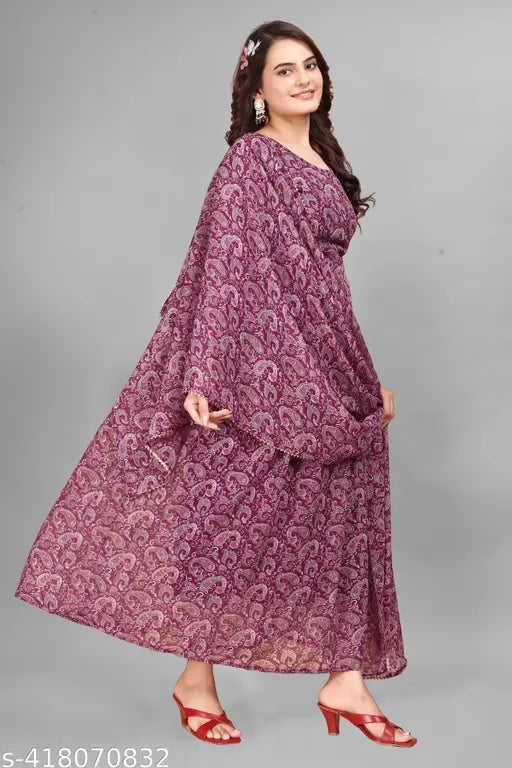Wine-colored Georgette gown & dupatta set, three-quarter sleeves, digitally printed for women's wardrobe extension by RS Studio