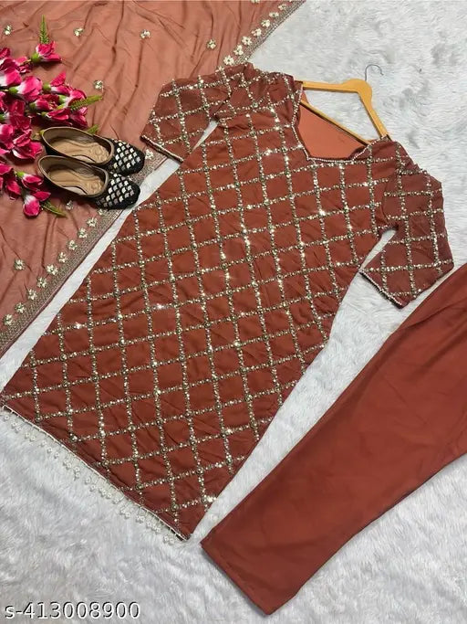Georgette sequin embroidered work top & pant with dutta - Desirable fancy Indian georgette ensemble