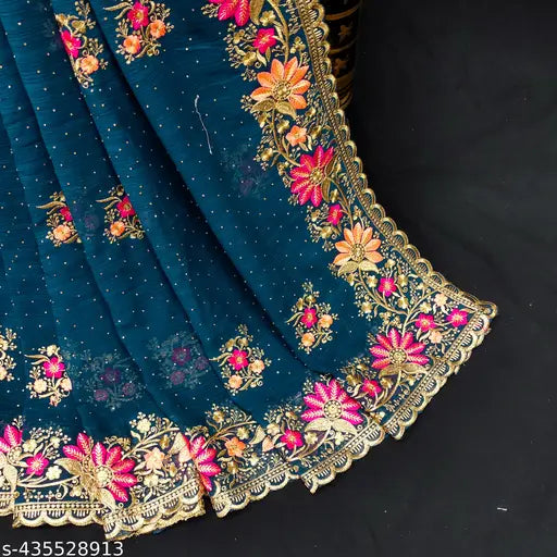 Blue embroidered saree with floral design and blouse, festive women's party wear