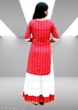 Cotton blend printed kurti set with long skirt, three-quarter sleeves, available in bright multiple colors. Indian fashion for girls aged 7-14 years