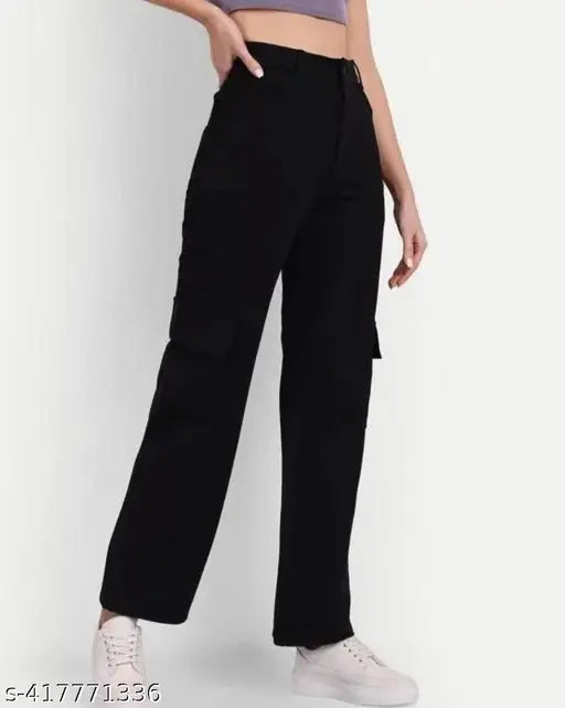 Black cargo pants with four pockets, featuring a high waist and a drawstring closure