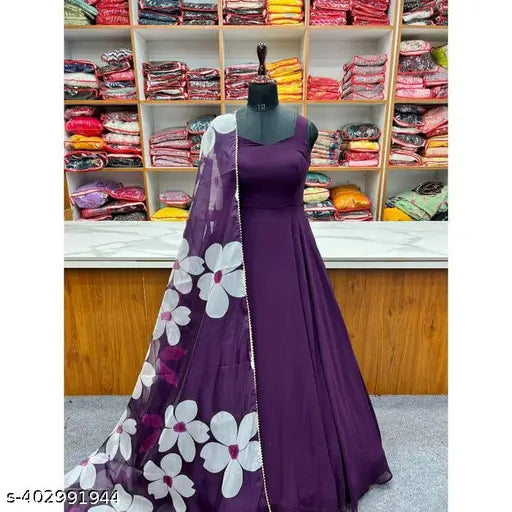 Wine Georgette printed kurti & dupatta, sleeveless, full-stitched, party wear
