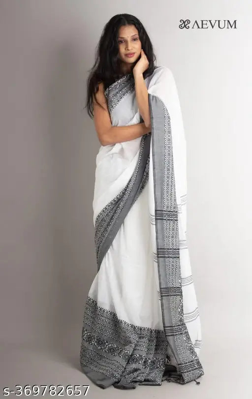 Handloom cotton saree, solid pattern, free size, Indian traditional wear