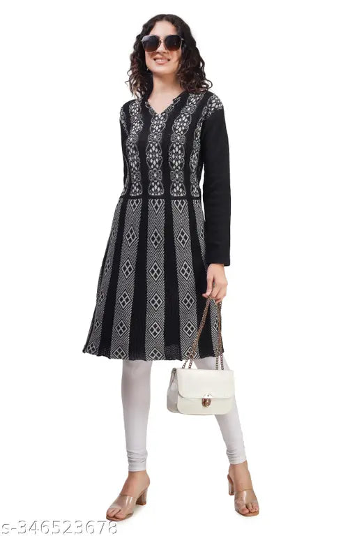 Woman's woolen black and white checkered front panel dress