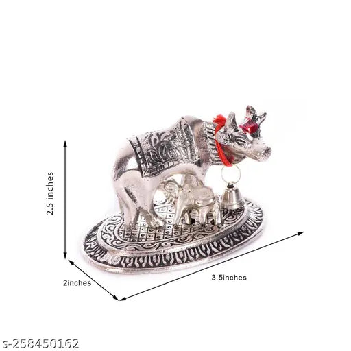 Silver Kamdhenu Cow & Calf Metal Statue, traditional home/office decor, lucky gift