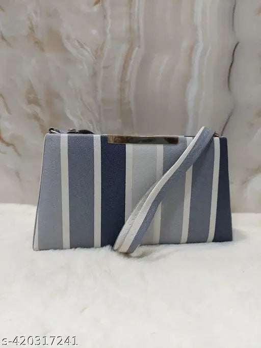 Grey and white striped fabric slingbag with a strap