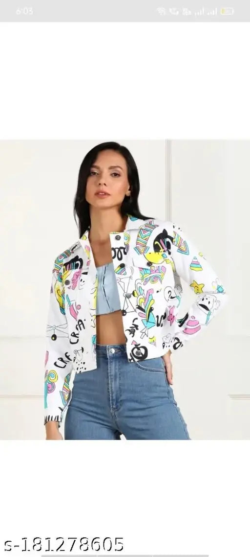 White twill cotton blend jacket, printed pattern, long sleeves, trendy fashion, India