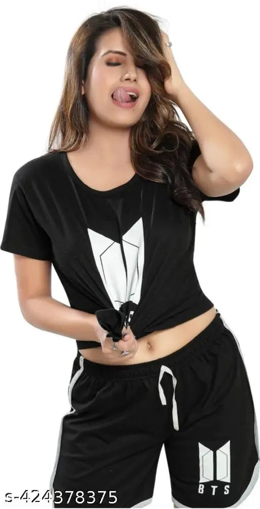 Black BTS print nightsuit set, featuring hoisery cotton top and shorts, short sleeves, 9-16 years sizes available