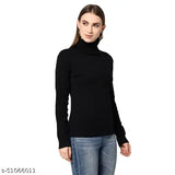 Black cotton roll-up turtleneck top for women, solid pattern, winter style