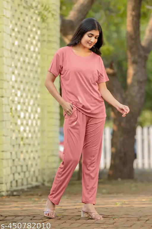 Peach & Marun color women's cotton nightdress, polycotton top and bottom, short sleeves, imported latest design collection