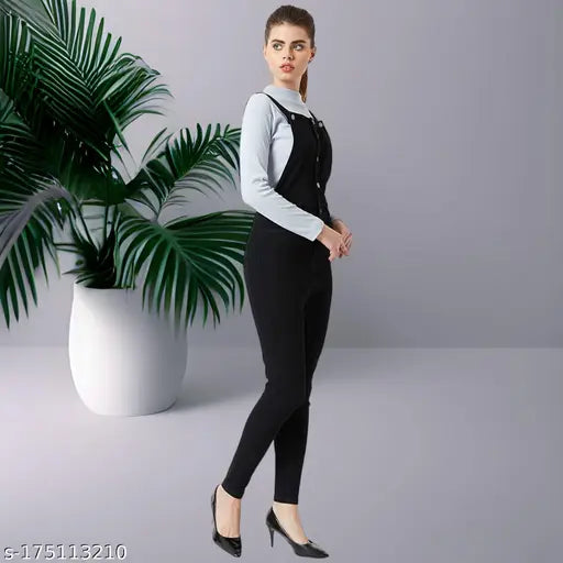 High waist black denim dungaree for women: sleeveless, adjustable shoulder straps, four pockets, belt loops, mock fly, metallic button closures
