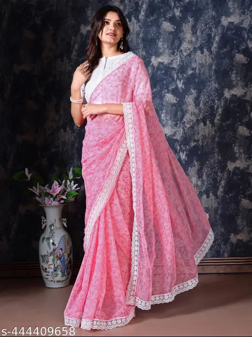 Pastel tone printed chiffon saree with lace border and cotton embroidered separate blouse piece, Indian party wear on mannequin