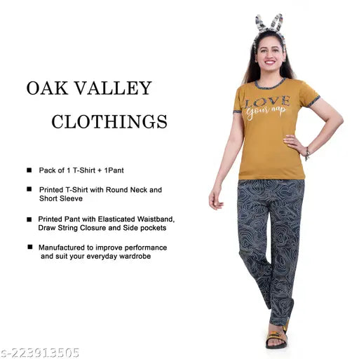 Oak Valley Women's cotton nightsuit set for lounging, full pair with printed pattern