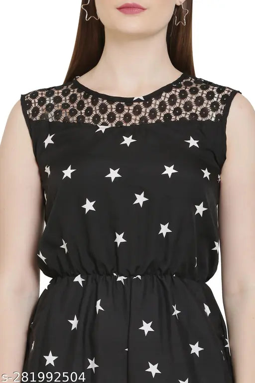 Stylish poly crepe jumpsuit with printed net pattern, sleeveless. Model size M (36in bust, 30in waist). Made in India