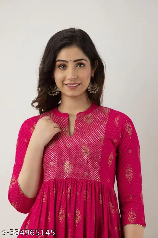 Rayon printed mirror work women's festive long kurta with embroidery, three-quarter sleeves, available in S to XXL