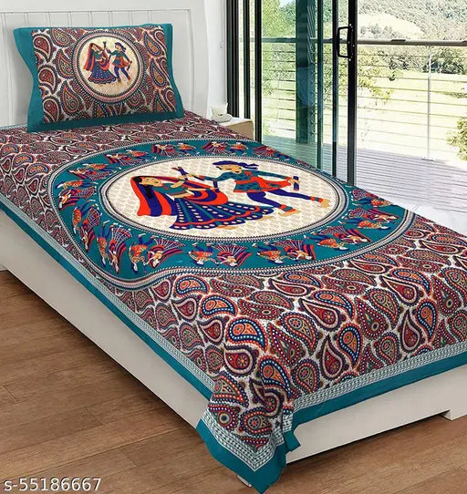 Green cotton Jaipuri single flat sheet, traditional sanganeri screen print, long-lasting, skin-friendly