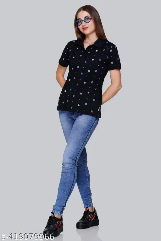 Black women's polo neck cotton blend t-shirt by Pyro Spirit, short sleeves, printed design, S-XXL sizes available