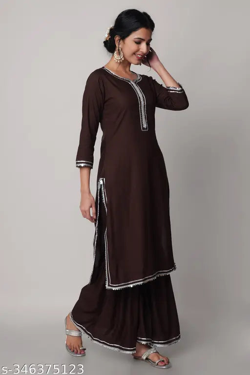 Coffee-colored rayon solid printed Kurta-Palazoo set with three-quarter sleeves, Indian traditional clothing on mannequin