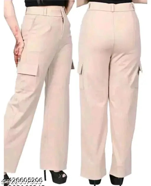 Khaki pants with a cargo pocket on the right leg, appearing in a two-tone color combination of light and dark khaki