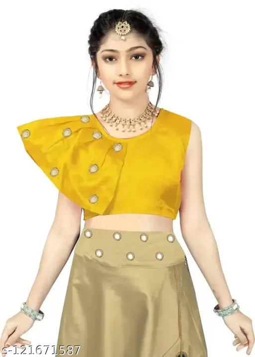 Indi Girls Lehenga Choli Western Wear, embellished silk-cotton blend in flared shape, handcrafted mirror work, traditional Indian attire for girls aged 18 months to 15 years