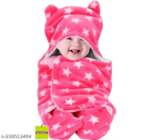 Microfiber newborn hooded baby blanket by BRANDONN, ideal for swaddling, free size (L: 27in, W: 28in)