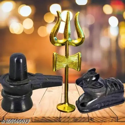 Black marble Shiva Lingam and Nandi Ji statue with trishul, Indian handcrafted religious showpiece