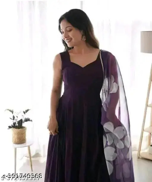 Dark wine georgette gown with digital print dupatta, sleeveless and full-stitched. Indian fashion wear in XL size