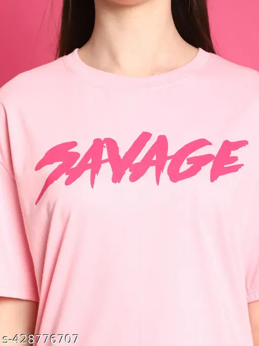 Pink cotton printed casual wear oversized t-shirt for women