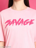 Pink cotton printed casual wear oversized t-shirt for women