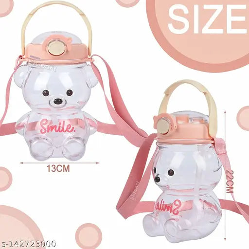 Transparent smile bear kids sipper bottle, BPA-free, leakproof, travel-friendly, with adjustable shoulder strap and built-in carrying loop, 1000ml capacity