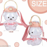 Transparent smile bear kids sipper bottle, BPA-free, leakproof, travel-friendly, with adjustable shoulder strap and built-in carrying loop, 1000ml capacity