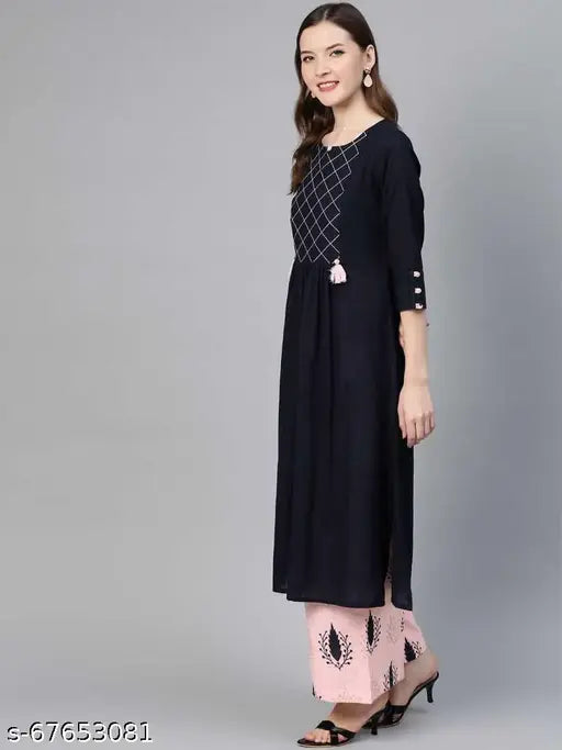 Stylish rayon kurta with palazzos, solid net, three-quarter sleeves - women's Indian wear