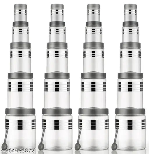 Premium Designer kitchen glass containers with clear lids and stainless steel spoons, set of 6, varying sizes: 250ml, 350ml, 650ml, 1200ml, 2000ml