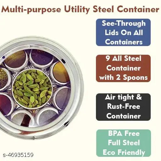 Contain steel containers with lids on all, see through, 9 steel containers, 8 spoons, full stainless steel kitchen storage set, 100% food grade, dishwasher safe