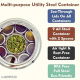 Contain steel containers with lids on all, see through, 9 steel containers, 8 spoons, full stainless steel kitchen storage set, 100% food grade, dishwasher safe