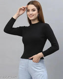 Black cotton blend trandy-style woman and girls T-shirt, long sleeves, fully stretchable and comfortable for all sizes from XS to XXL. Perfect for summer and winter wear. High neck design. Made in India