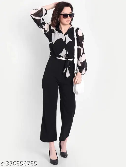 Georgette retro jumpsuit, printed net, long sleeves, women's fashion in XS, S, M, L, XL, XXL, XXXL