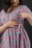 Pink cotton maternity kurti with zipper, printed design for nursing - India