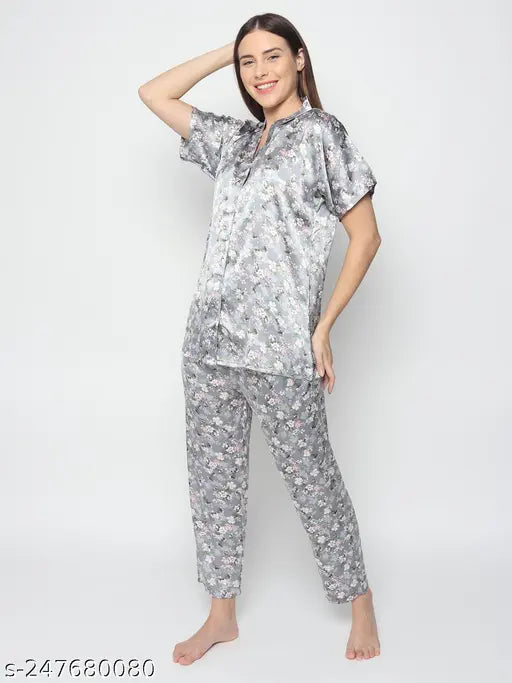 Floral print satin night suit set, short sleeves, V-neck with button closure for girls' nightwear