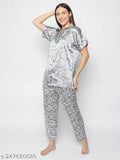Floral print satin night suit set, short sleeves, V-neck with button closure for girls' nightwear
