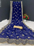 A blue saree with a matching dupatta, intricate designs, and a small tag attached