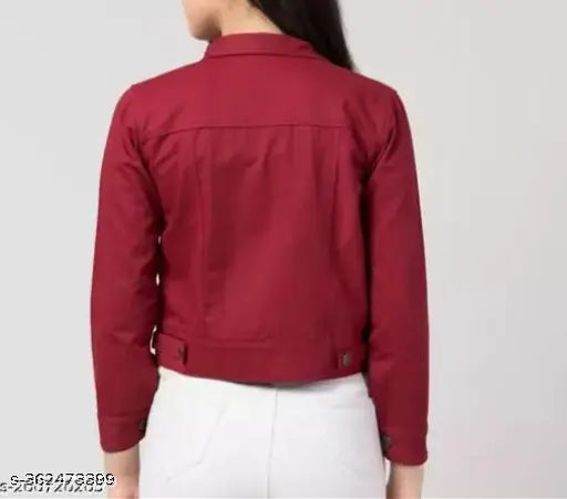 Fashionable red denim jacket, zip closure, long sleeves
