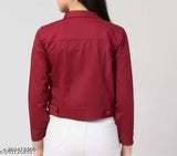 Fashionable red denim jacket, zip closure, long sleeves