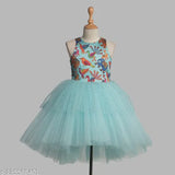Blue satin animal print kids' party dress with hi-low skirt, golden decorative elements