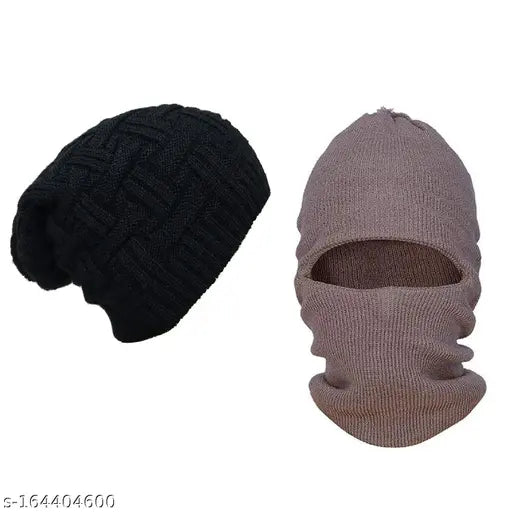 Black & Brown Woolen Beanie Cap Combo (Monkey/Balaclava) - Stylish Winter Headwear Set, Indian Origin