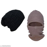 Black & Brown Woolen Beanie Cap Combo (Monkey/Balaclava) - Stylish Winter Headwear Set, Indian Origin