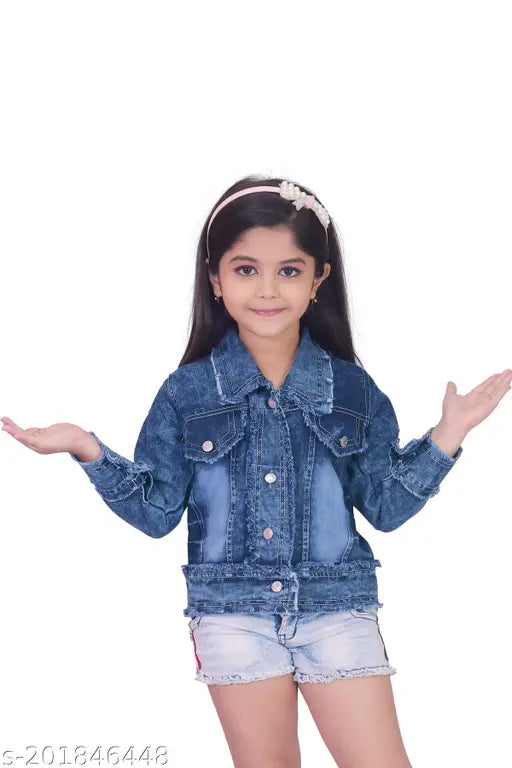 Blue denim jacket with short sleeves and a zipper