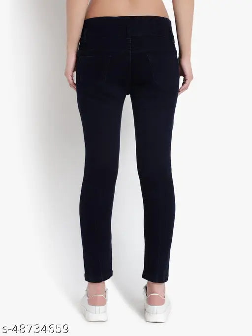 Cobalt blue stretchable denim jeans with 3 buttons, slim fit, ankle length