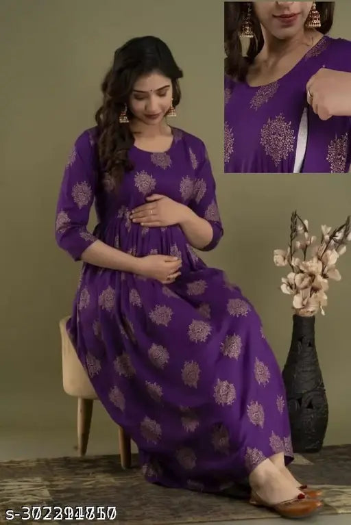 Purple rayon maternity kurti with three-quarter sleeves, printed design, available in sizes M, L, XL, XXL